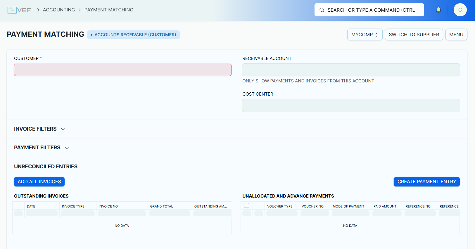 payment matching home page